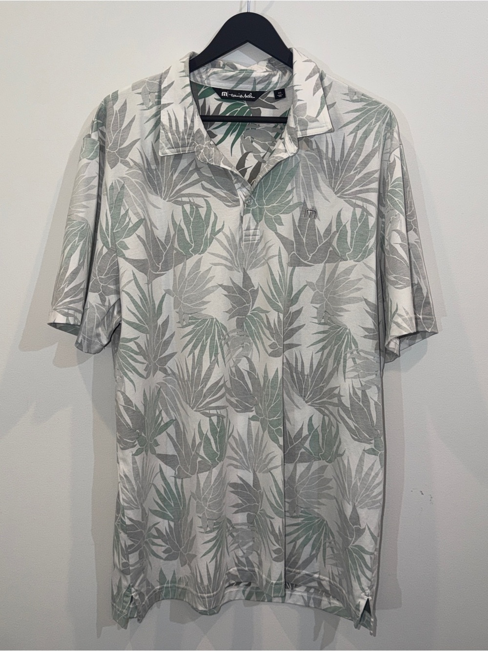 Travis Mathew Men's White Polo with Gray & Sage Leaf Print